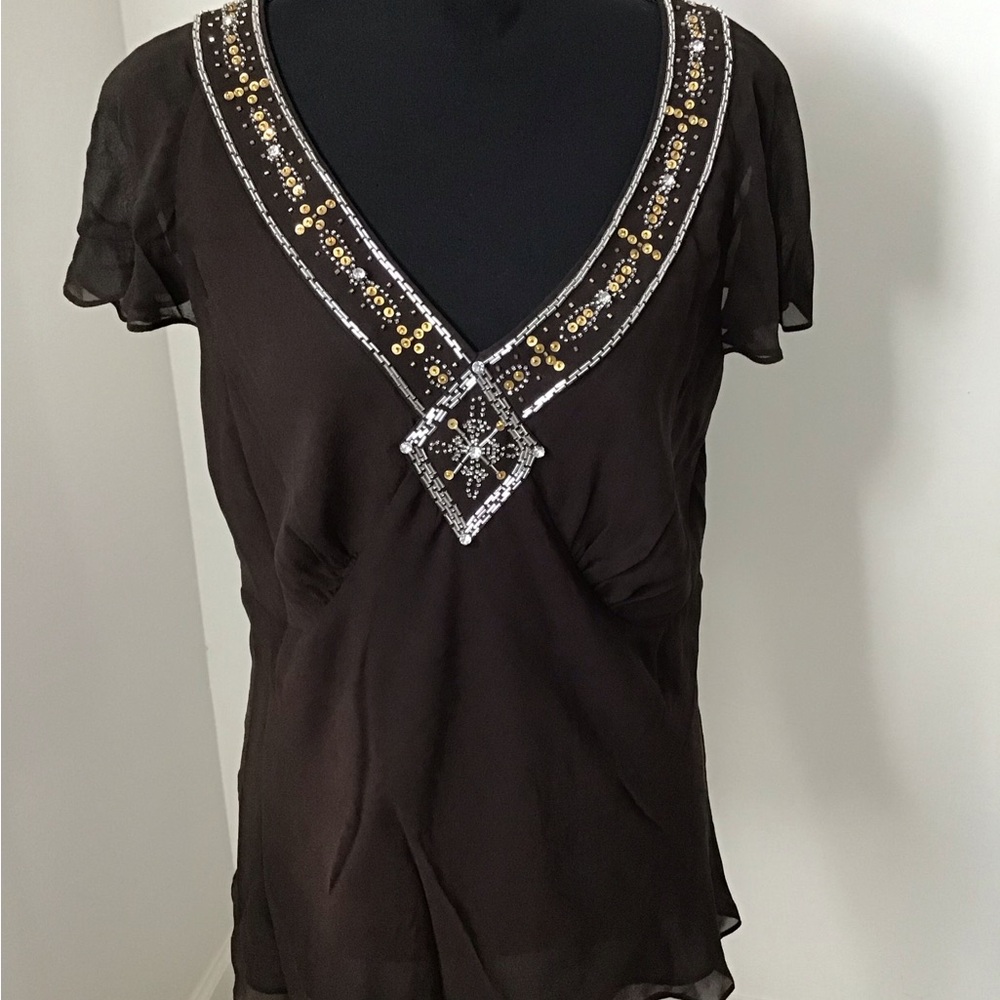 Nine West Brown Embellished V-Neck Blouse